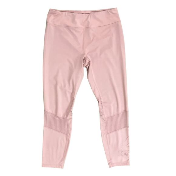 Reebok Women's Pink Logo Activewear Yoga Mesh Insert Leggings Pants Pocket SZ L - Picture 1 of 9